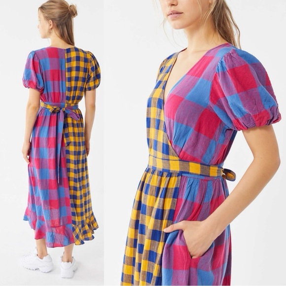 Urban Outfitters Anna Linen Mixed Plaid Midi Wrap Dress - Picture 3 of 5
